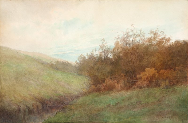 Lorenzo Palmer Latimer (1857-1941 Berkeley, CA): ''November, California'', signed and dated lower right: L.P. Latimer 1902, titled on an exhibition label verso, watercolor on paperboard under glass, 24'' H x 35.75'' W, est: $1000/2000 Exhibited: San