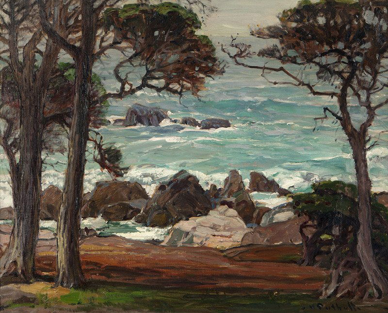 Hanson Duvall Puthuff (1875-1972 Corona Del Mar, CA): ''Enchanted Shore'', Cypress trees on a Monterey coast, signed lower right: H. Puthuff, signed again and titled verso, oil on canvas, 24'' H x 30'' W, est: $20,000/30,000 Note: The present work retain