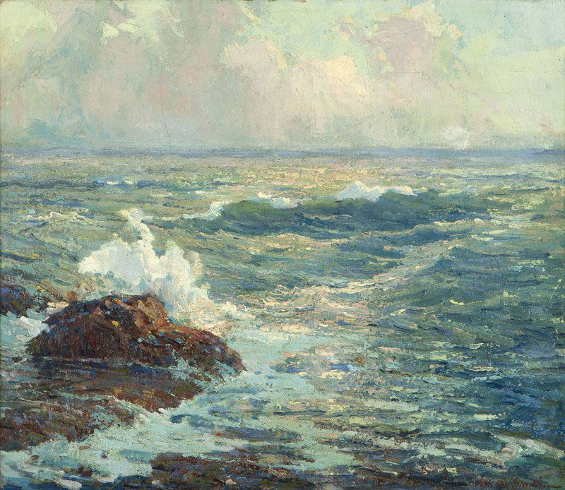 Jack Wilkinson Smith (1873-1949 Alhambra, CA): Coastal - Crashing Surf, signed lower right: Jack W. Smith, oil on canvas laid to waxed canvas, 24'' H x 28'' W, est: $18,000/22,000 Provenance: Estate, Los Angeles, CA