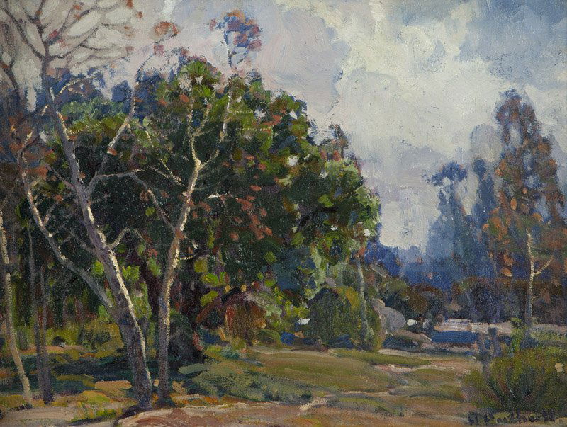 Hanson Duvall Puthuff (1875-1972 Corona Del Mar, CA): ''Small Arroyo'', signed lower right: H. Puthuff, signed again and titled verso, oil on canvas laid to artist board, 12'' H x 16'' W, est: $4000/6000 Provenance: Through descent in artists family, Pri
