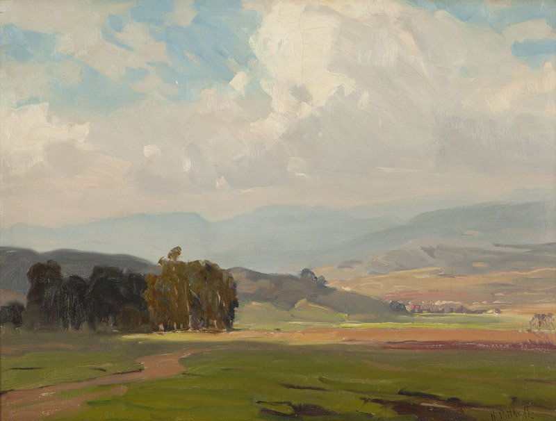 Hanson Duvall Puthuff (1875-1972 Corona Del Mar, CA): ''Mist and Sunshine'', Atmospheric landscape, signed lower right: H. Puthuff, titled verso, oil on masonite, 18'' H x 24'' W, est: $15,000/20,000 Provenance: Through descent in artist's family, Privat