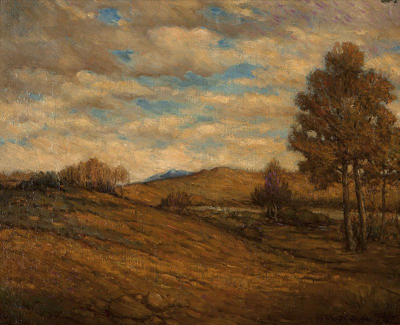Carl (Karl) Moon (1879-1948 San Francisco, CA): Landscape, inscribed lower right: To Mary from Uncle Carl, oil on canvas, 16'' H x 20'' W, est: $1000/1500 Provenance: Private Collection, Sycamore, IL