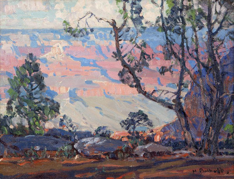 Hanson Duvall Puthuff (1875-1972 Corona Del Mar, CA): ''Shadowed Ledge'', Grand Canyon, signed lower right: H. Puthuff, titled verso, oil on canvas laid to artist board, 12'' H x 16'' W, est: $20,000/25,000 Provenance: Through descent in artists family,