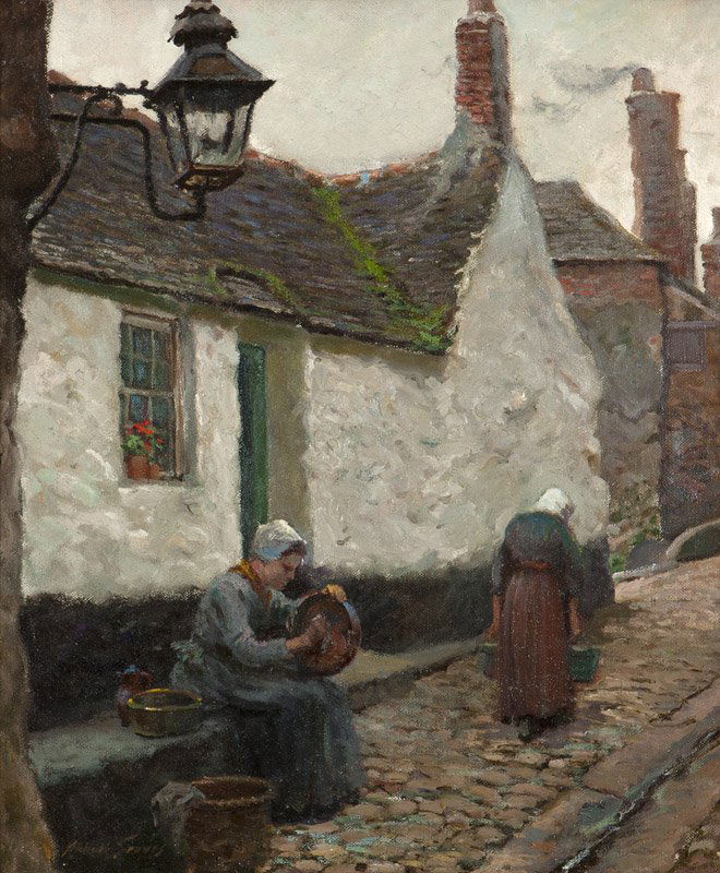 Abbott Fuller Graves (1859-1936 Kennebunkport, ME): Normandy figures, signed lower left: Abbott Graves, oil on canvas, 24'' H x 20'' W, est: $5000/7000 Note: The painting is within an original Carrig-Rohane, Boston, MA frame. Provenance: Private Collec