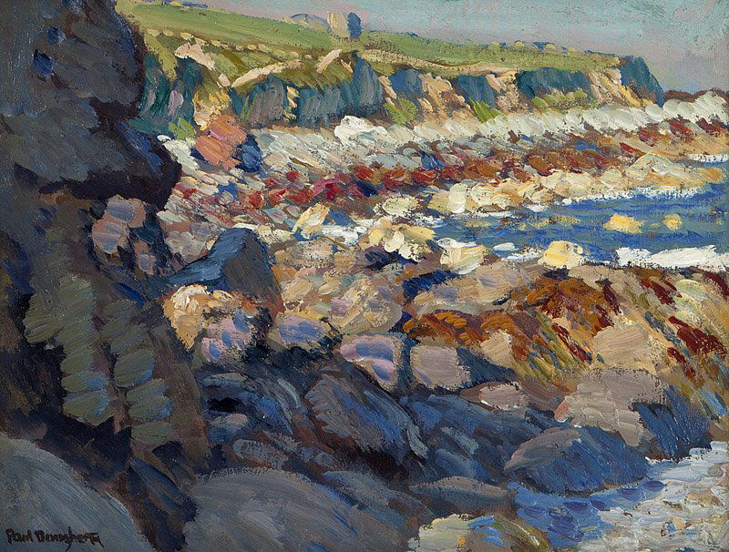 Paul Dougherty (1877-1947 Carmel, CA): Rocky coastal, estate stamped lower left, oil on panel, 12.25'' H x 16'' W, est: $2000/3000 Provenance: Estate of the artist; Private Collection, Carlsbad, CA, acquired from the above
