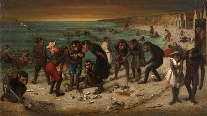 William Holbrook Beard (1824-1900 New York, NY): Anthropomorphized monkeys at the beach, signed and dated lower left: W.H. Beard 1889, oil on canvas laid to canvas, 18'' H x 32'' W, est: $10,000/15,000 Provenance: Private Collection, Davis, CA