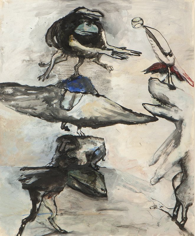 Elmer Bischoff (1916-1991 Berkeley, CA): ''Untitled (#150)'', Animals and baseball, signed with initials and dated lower right: E.B. 66, ink and acrylic on paper, 17'' H x 14'' W, est: $1000/2000 Exhibited: Laguna Art Museum, Laguna Beach, C