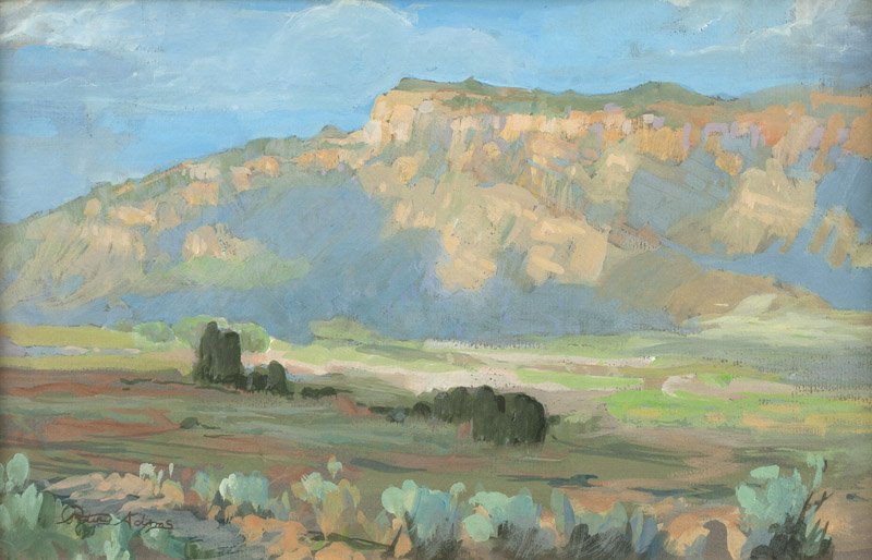 Peter Adams (1950-* Los Angeles, CA): ''The Hills of Albuquerque, New Mexico'', signed in pencil lower left: Peter Adams, titled on an artist label affixed to backing, tempera on paper under glass, sight size: 9.75'' H x 15.75'' W, est: $