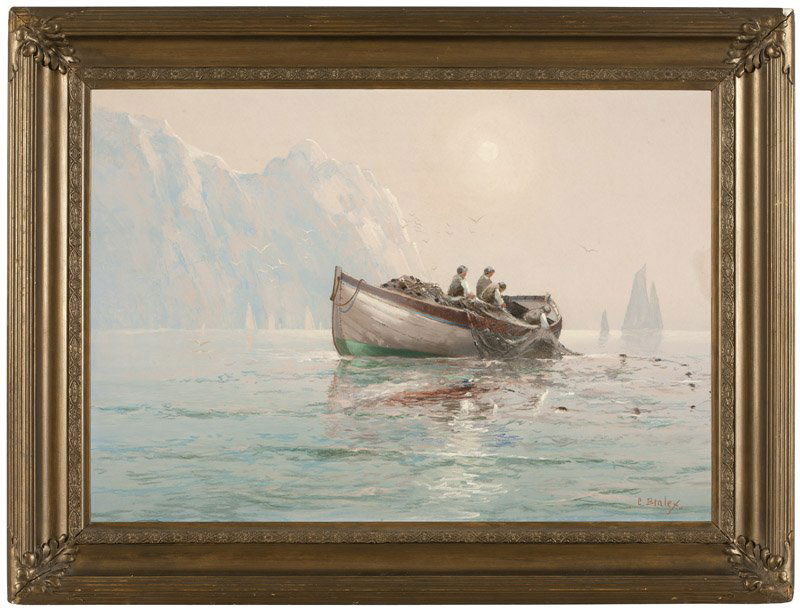 Clarence E. Braley (1854-1927 Boston, MA): Men in a fishing boat, signed lower right: C. Braley, pastel on paperboard under glass, sight size: 18.5'' H x 26.5'' W; board size: 19'' H x 27'' W, est: $600/800 Provenance: Private Collection, Wild