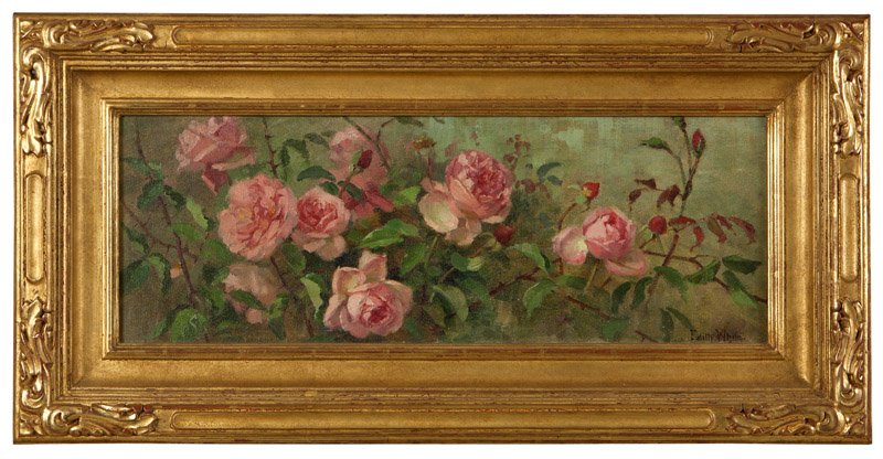 Edith White (1855-1946 Berkeley, CA): Pink roses still life, signed and dated lower right: Edith White 1897, oil on canvas laid to artist board, 9.5'' H x 26.25'' W, est: $800/1200 Provenance: Private Collection, Carlsbad, CA