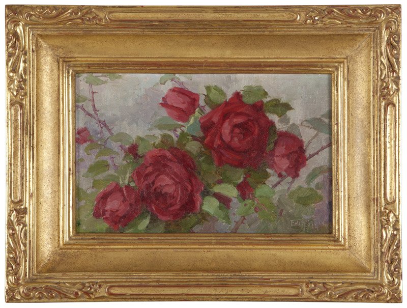 Edith White (1855-1946 Berkeley, CA): Red roses still life, signed lower right: Edith White, oil on canvas laid to artist board, 8.5'' H x 13'' W, est: $400/600 Provenance: Private Collection, Carlsbad, CA
