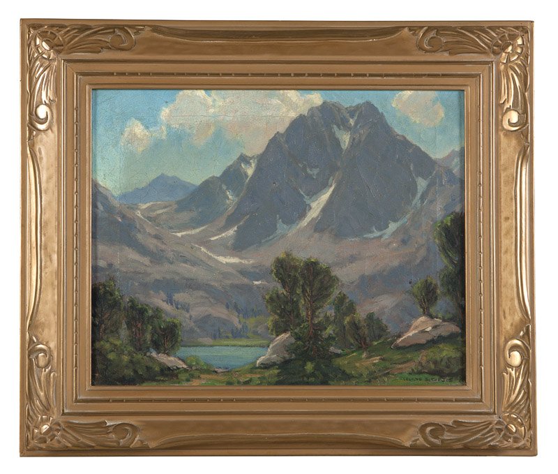 Leland Curtis (1897-1989 Los Angeles, CA): ''Sierra Peaks'', signed lower right: Leland S. Curtis, signed again and titled verso, oil on canvas, 16'' H x 20'' W, est: $600/900 Provenance: Private Collection, Torrance, CA