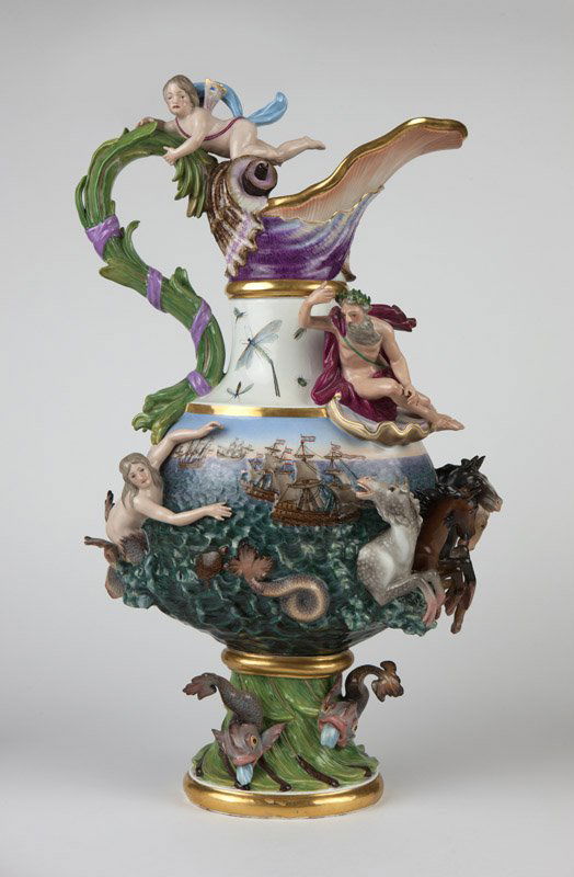 A large Meissen porcelain allegorical ewer: Late 19th / early 20th century, underglaze blue crossed swords mark, and incised ''320'' and impressed ''46'', emblematic of ''Water'', from the ''Four Elements'' series inspired by the J.J. Kandler m