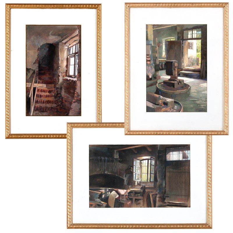 George Joseph Koch (1884-1951 Carmel, CA): Three works depicting interior views of a metal smith's studio, each signed, dated and inscribed lower right. The first and second: G. Koch 1905 / Bruck & Munchen. The third: Koch Bruck '07 , each: wa