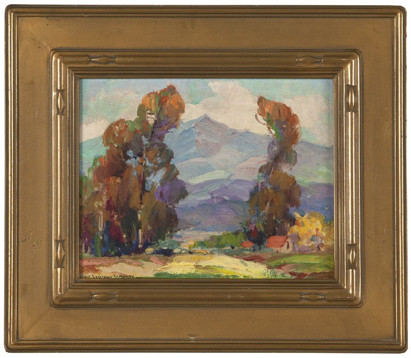 Nell Walker Warner (1891-1970 Carmel, CA): House in a California landscape, signed lower left: Nell Walker Warner, oil on canvasboard, 8'' H x 10'' W, est: $1000/1500 Provenance: Private Collection, Florida; inherited, 1966