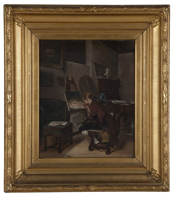 Late 19th Century British school: Artist painting a nude in his studio, appears unsigned, oil on canvas, 15.5'' H x 12.75'' W, est: $1000/1500 Provenance: Private Collection, Aptos, CA