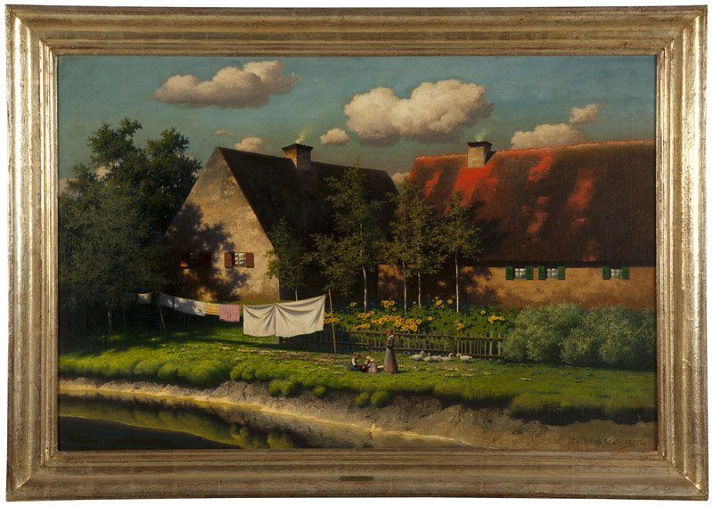Paul Wilhelm Keller-Reutlingen (1854-1920 German): Summer at a farmhouse with figures, signed lower right: P.W. Keller Reutlingen, oil on canvas, 31.5'' H x 47'' W, est: $4000/6000 Provenance: Purchased in Germany through descent, Private Collection, 