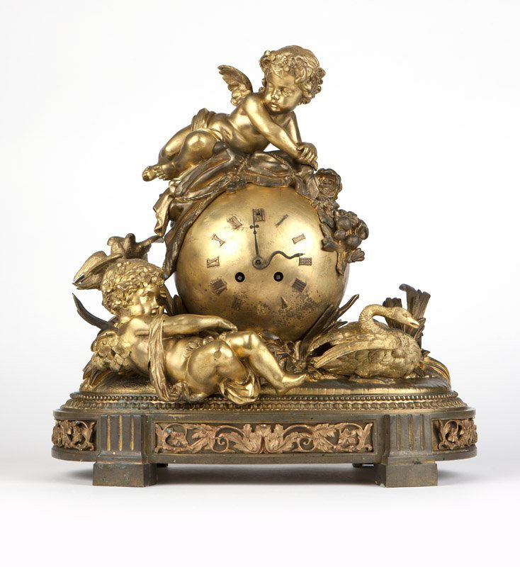 A Napoleon III gilt-bronze mantle clock, Henri Picard: Mid 19th century, Paris, stamped twice to base ''H. Picard'' for maker Henri Picard (1840 - 1890), further stamped with model number ''3675'', a twin-train key wind movement, impressed to back plate '
