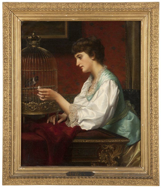 Jan Frederik Portielje (1829-1895 Dutch): Woman feeding a finch, signed lower left: Portielje, signed again, dated and inscribed verso: April 1881, oil on canvas, 23.5'' H x 19.25'' W, est: $4000/6000 Note: Inscribed verso: ''The undersigned 