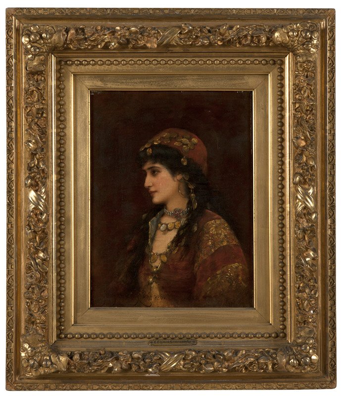 Emile Eisman-Semenowsky (1857-1911 Russian): Portrait of a gypsy woman, signed, inscribed and dated lower left: Eisman-Semenowsky Paris 1886, oil on wood panel, 14.25'' H x 11.5'' W, est: $1500/2500 Provenance: Private Collection, Aptos, CA