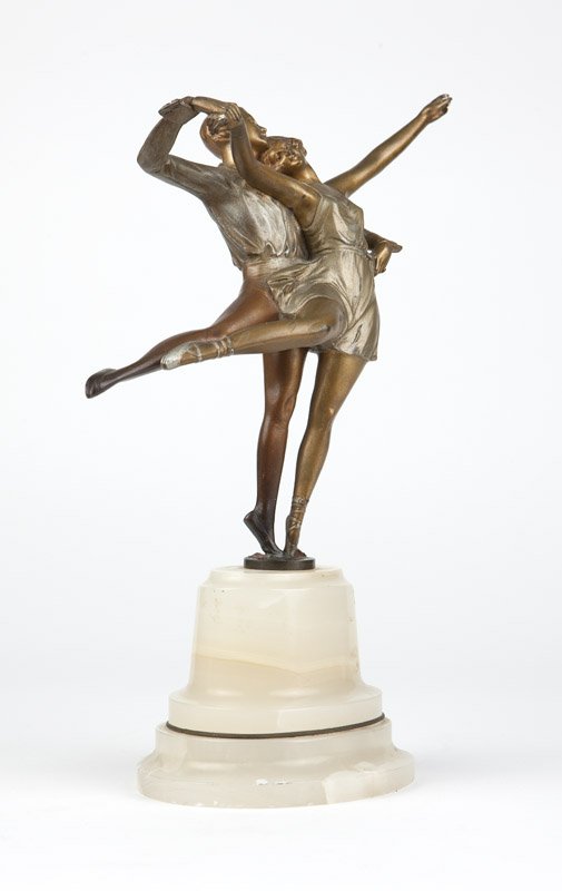 Bruno Zach (1891 - 1945 Austrian / German): Early 20th century, signed to base ''B. Zach'', a cold-painted bronze figural group depicting a male and female ballet dancer on point, arms outstretched, mounted on a white marble stepped oval plinth