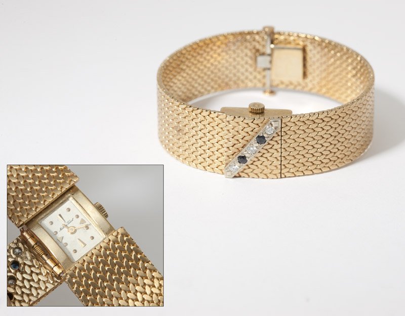 A lady's Tissot gold covered dial wristwatch: Rectangular white dial, applied gold-tone hour markers, signed Mathey Tissot, attached to a 17 jewel manual-wind Mathey Tissot movement, within a 14K yellow gold mesh bracelet case with hinged lid acc