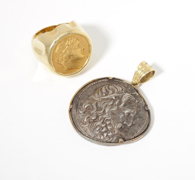 A collection of coin jewelry: An ancient silver coin and 18K gold bezel pendant together with a gold coin of Philip II of Macedonia set in an 18K gold ring, size 7 1/2, 50.8 gms gross, 2 pcs, est: $800/1200