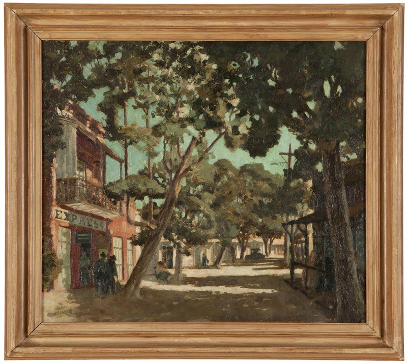 Marshall Wayne Hibbard (1910-1989 San Francisco, CA): Street scene in a western town, signed lower left: Marsh Hibbard, oil on canvas laid to board, 19.25'' H x 22'' W, est: $600/800 Provenance: Private Collection, Los Angeles, CA