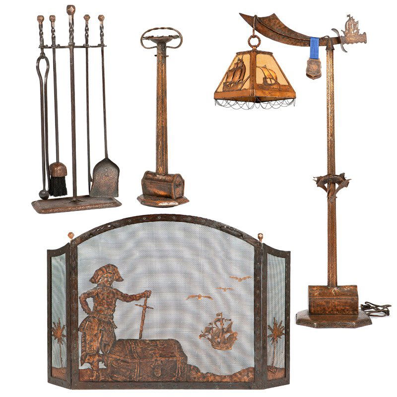 A pirate themed hand-wrought copper living room set: Circa 1920s, apparently unsigned, comprising a fire screen (30'' H x 44'' W x 5'' D), a smoking stand with weighted base (28.5'' H x 8'' W x 8.5'' D), a set of fireplace tools with stand (32.5'' H x 1