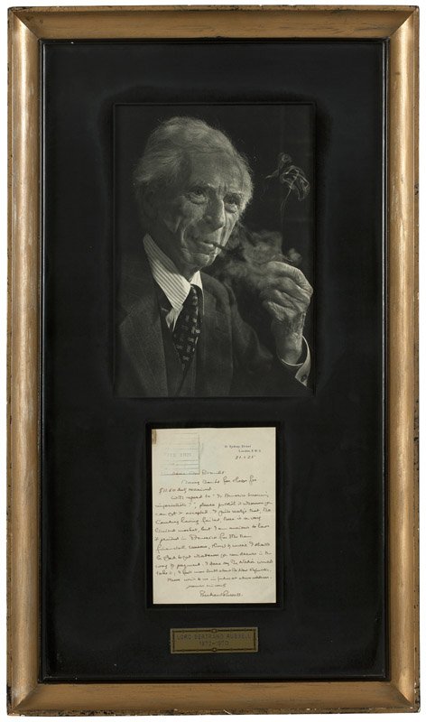 Lord Bertrand Russell (1872-1970 British), autographed: A handwritten letter from Russell dated January 21, 1925 regarding selling an article titled ''Is America becoming Imperialistic?'', ink on paper, framed together with a photograph of the philosopher,