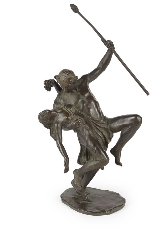Abastenia St. Leger Eberle (1878 - 1942 American): Signed to base ''A. SL. Eberle, / 1914 c'', a patinated bronze figural group depicting Bacchus, thyrsus in hand, dancing with a Bacchante clutching a cluster of grapes, on a naturalistic base, 28.75''