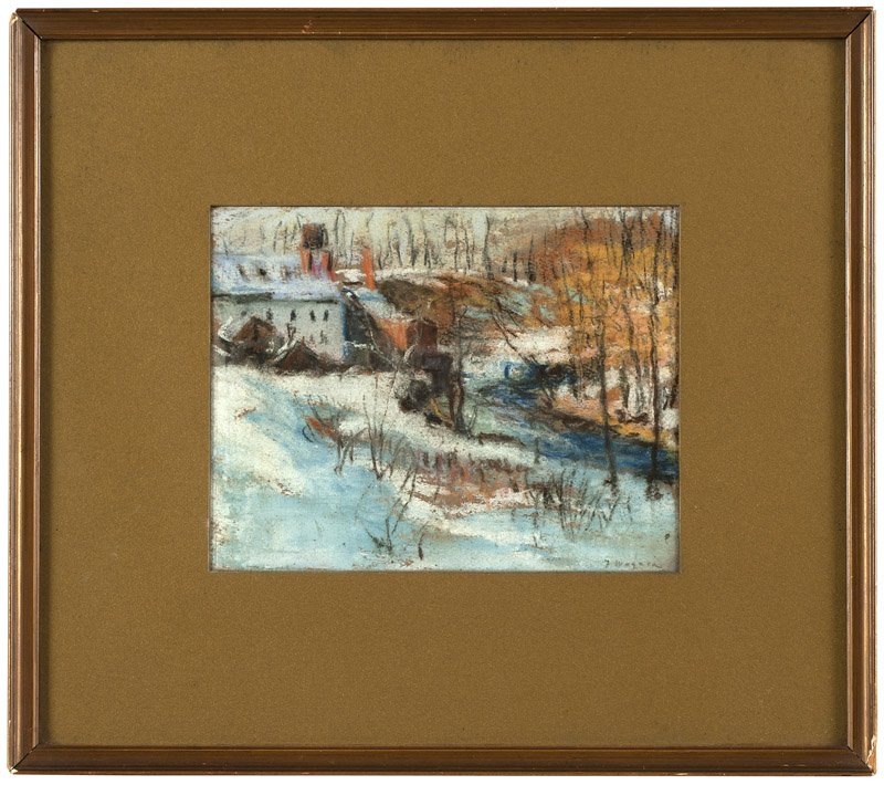 Frederick R. Wagner (1864-1940 Philadelphia, PA): House in a winter landscape, signed lower right: F. Wagner, pastel on board under glass, board size: 7.5'' H x 9.5'' W, est: $400/600 Note: Sight size: 7'' H x 9'' W. Provenance: Private Collection, L