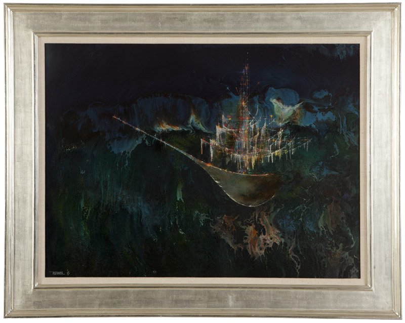 Leonardo Nierman (1932-* New York, NY): Abstract ship, signed and dated lower left: Nierman 65, oil on masonite, 23.5'' H x 31.5'' W, est: $1000/1500 Provenance: Private Collection, Encinitas, CA