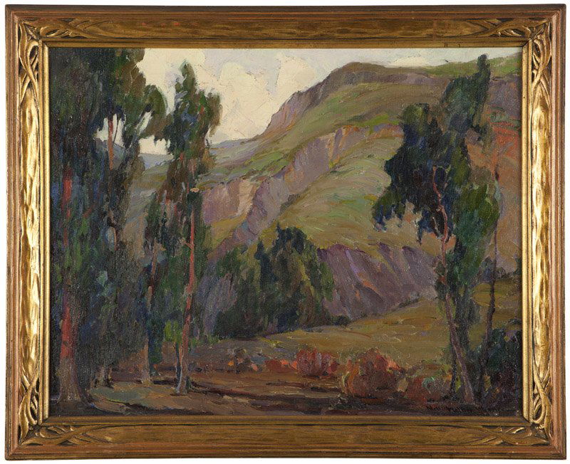 Nell Walker Warner (1891-1970 Carmel, CA): Eucalyptus landscape, signed lower right: Nell Walker Warner, oil on canvas, 22'' H x 28'' W, est: $1200/1800 Exhibited: Pasadena Heritage Blinn House Exhibit, Pasadena, CA, ''Early California Impress