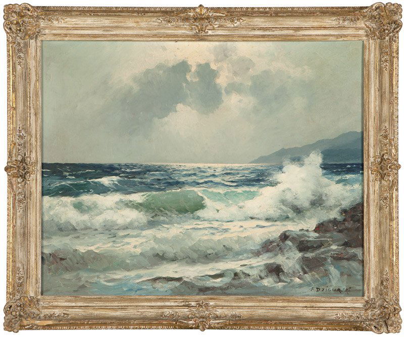 Alexander Dzigurski (1911-1995 Los Angeles, CA): Coastal seascape, signed lower right: A. Dzigurski, oil on canvas, 24'' H x 30'' W, est: $500/800 Provenance: Estate, San Marino, CA
