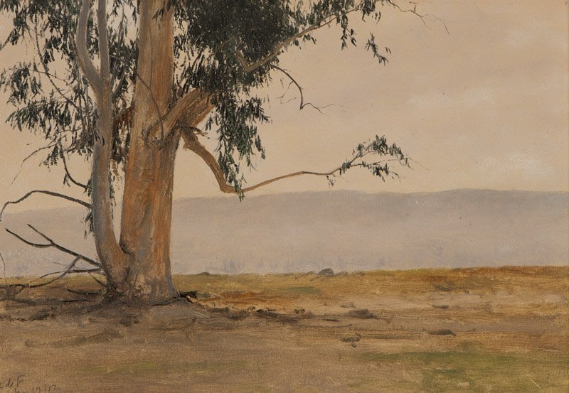 Lockwood de Forest (1850-1932 Santa Barbara, CA): Eucalyptus landscape, signed and dated lower left: L de F Jan 19/12, oil on board, 10.5'' H x 14.75'' W, est: $1500/2500 Provenance: Private Collection, Aptos, CA