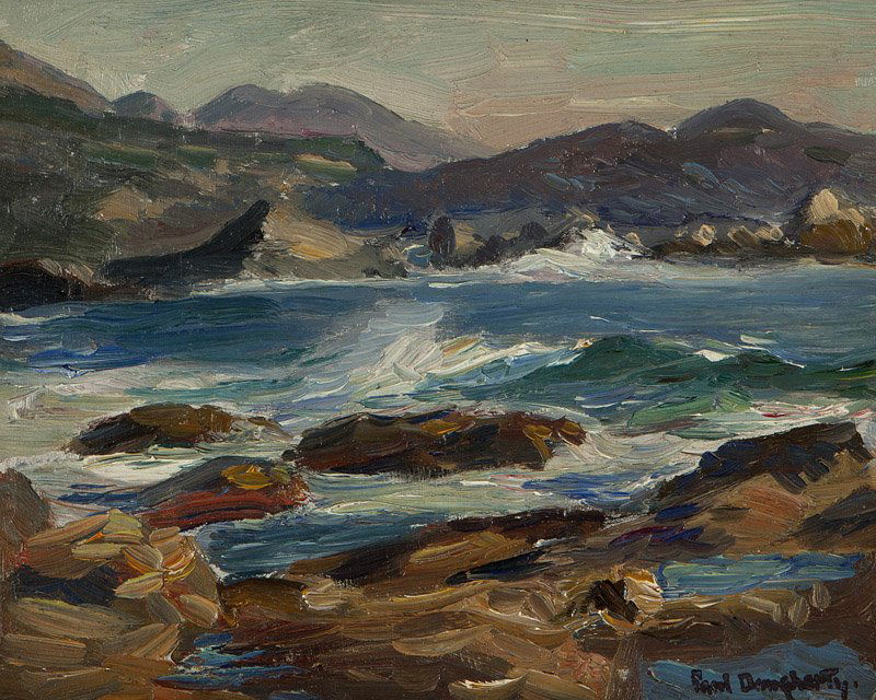 Paul Dougherty (1877-1947 Carmel, CA): Rocky coastline, Carmel, estate stamped lower right, oil on masonite, 7.5'' H x 9.5'' W, est: $1000/1500 Provenance: Private Collection, Carlsbad, CA