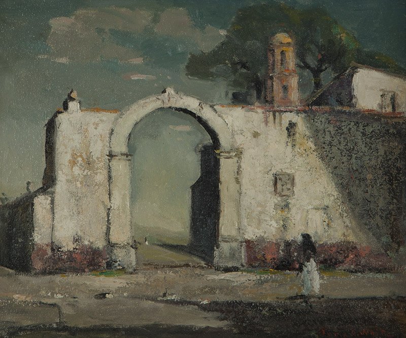 Orrin A. White (1883-1969 Pasadena, CA): Figure in front of a pueblo, signed lower right: Orrin A. White, oil on masonite, 10'' H x 12'' W, est: $800/1200 Provenance: Private Collection, Santa Fe, NM