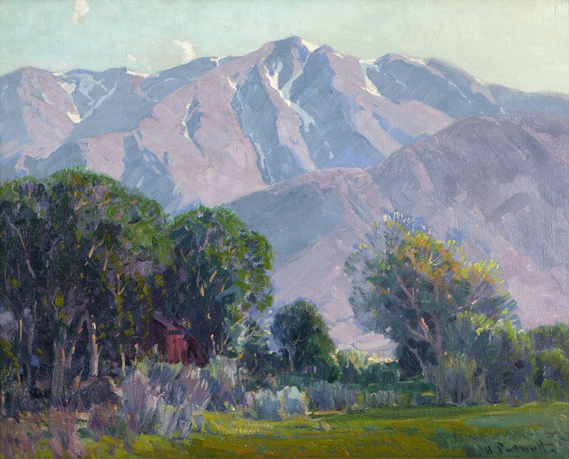 Hanson Duvall Puthuff (1875-1972 Corona Del Mar, CA): ''Lingering Snow'', signed lower right: H. Puthuff, signed again and titled verso, oil on canvas, 24'' H x 30'' W, est: $15,000/20,000 Note: The present work retains the original frame hand carved by