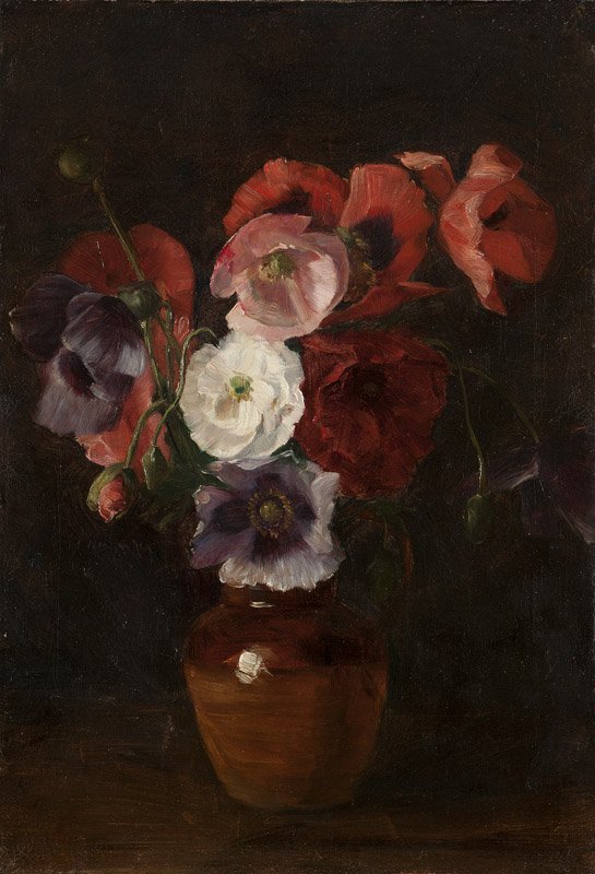 Joseph Henry Sharp (1859-1953 Taos, NM): Still life with poppies, signed with initials and dated lower left: JHS '90, oil on canvas laid to canvas, 23'' H x 16'' W, est: $18,000/22,000 Provenance: Private Collection, New York, NY