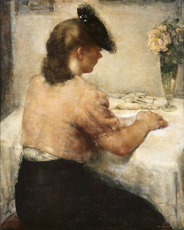 Grigory Gluckmann (1898-1973 Los Angeles, CA): ''Etude Sentimentale (Sentimental Study)'', woman seated at table with hat, signed lower right: Gluckmann, titled on a gallery label verso, oil on panel, 28'' H x 23.5'' W, est: $15,000/25,000 Provena
