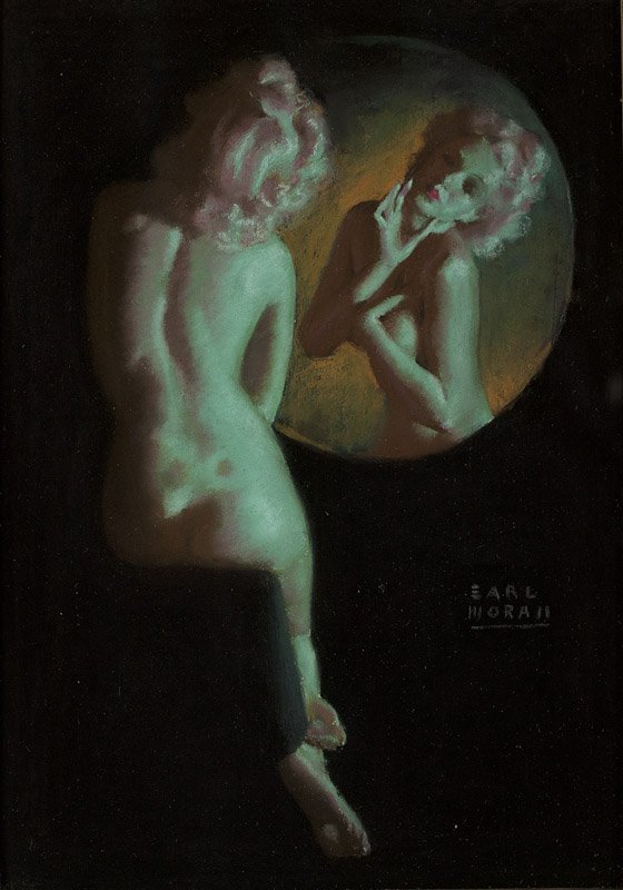 Earl Moran (1893-1984 Los Angeles, CA): Nude woman sitting in front of a mirror, signed lower right: Earl Moran, pastel on board under glass, 10'' H x 7'' W, est: $1200/1800 Provenance: Private Collection, Oxnard, CA, by descent in the fami