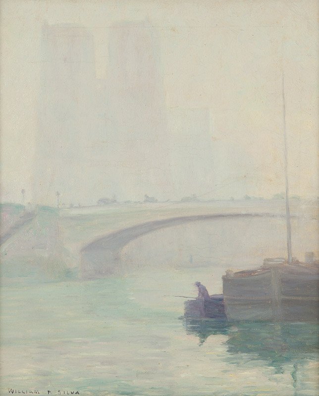William Posey Silva (1859-1948 Carmel, CA): A figure in a fishing boat on the Seine before a foggy Petit Pont and Notre Dame, circa 1907-9, signed lower left: William P. Silva, oil on canvas, 22'' H x 18'' W, est: $3000/5000 Note: The present w