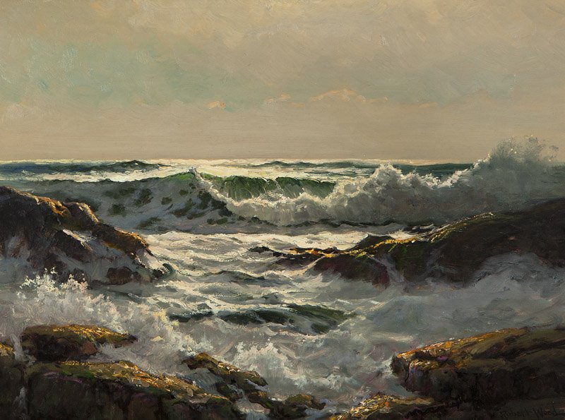 Robert W. Wood (1889-1979 Bishop, CA): ''Incoming Tide'', Laguna Beach seascape, signed lower right: Robt Wood, titled verso, oil on masonite, 18'' H x 24'' W, est: $4000/6000 Provenance: Private Collection, Phoenix, AZ