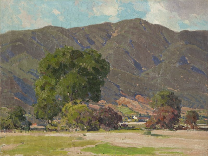 Hanson Duvall Puthuff (1875-1972 Corona Del Mar, CA): ''Mid-Day'', unsigned, titled and numbered verso: F49, unframed oil on canvas, 18'' H x 24'' W, est: $3000/5000 Note: stamp of authentication signed by the artist's son verso. Provenance: By descent i