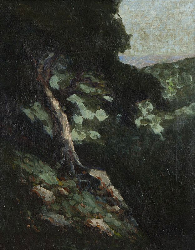 Attributed to William Keith (1838-1911 Berkeley, CA): Wooded scene with ocean view, appears unsigned, oil on canvas, 20'' H x 16'' W, est: $2500/3500 Provenance: Private Collection, Los Angeles, CA; by descent in the family to the present owner; Private