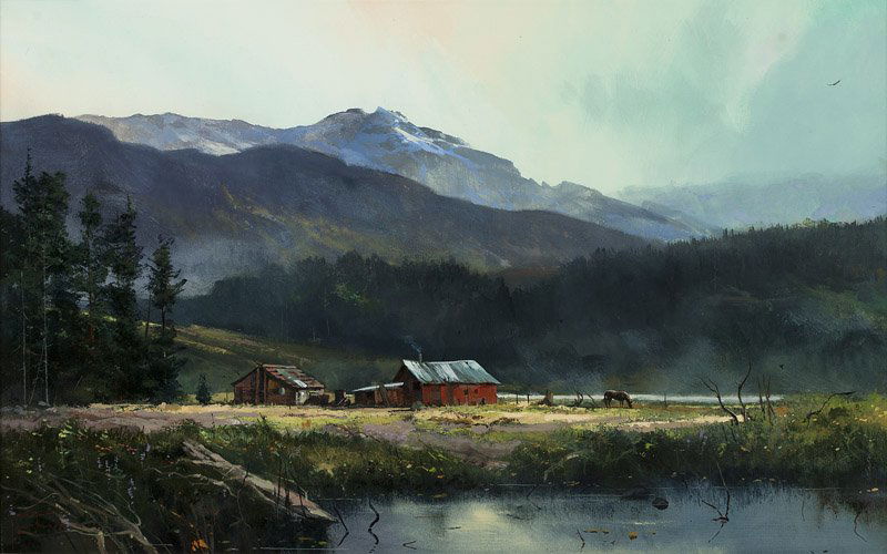 Thomas Kinkade (1958-2012 Los Gatos, CA): ''Near Lake and Forest'', farm house with horse in a mountain landscape, signed and dated lower left: T. Kinkade (c) 1982, and with the artist's fish cipher, titled by the gallery, casein and oil on b