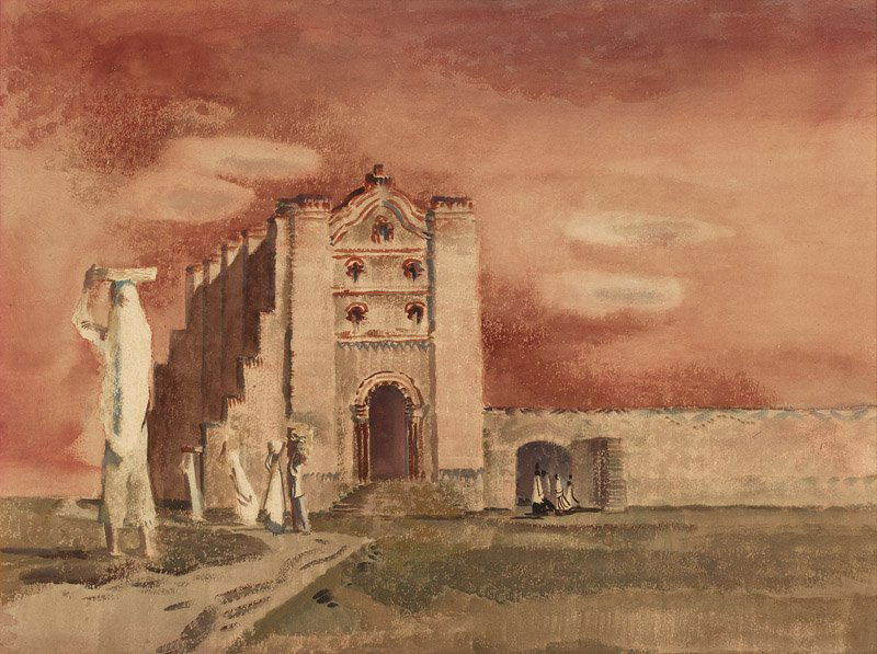 Millard Owen Sheets N.A. (1907-1989 Gualala, CA): ''Oaxaca Ruins'', mission with figures, signed lower right: Millard Sheets, titled on a gallery label verso, watercolor on Arches paper under glass, paper size: 21.75'' H x 29.25'' W, est: $6000/8000