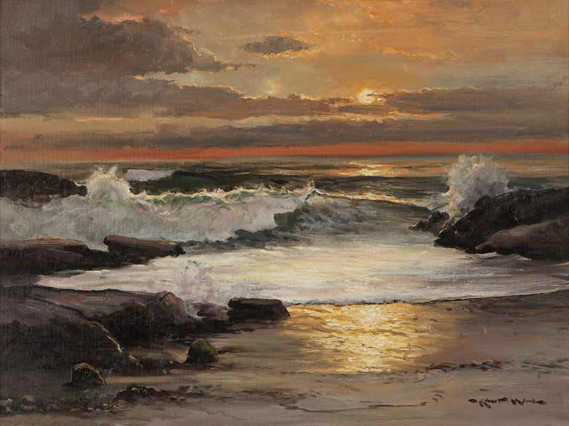 Robert W. Wood (1889-1979 Bishop, CA): ''Golden Surf'', crashing waves against a rocky coastline, signed lower right: Robert Wood, titled verso, oil on canvas, 18'' H x 24'' W, est: $2500/3500 Provenance: Private Collection, Tustin, CA