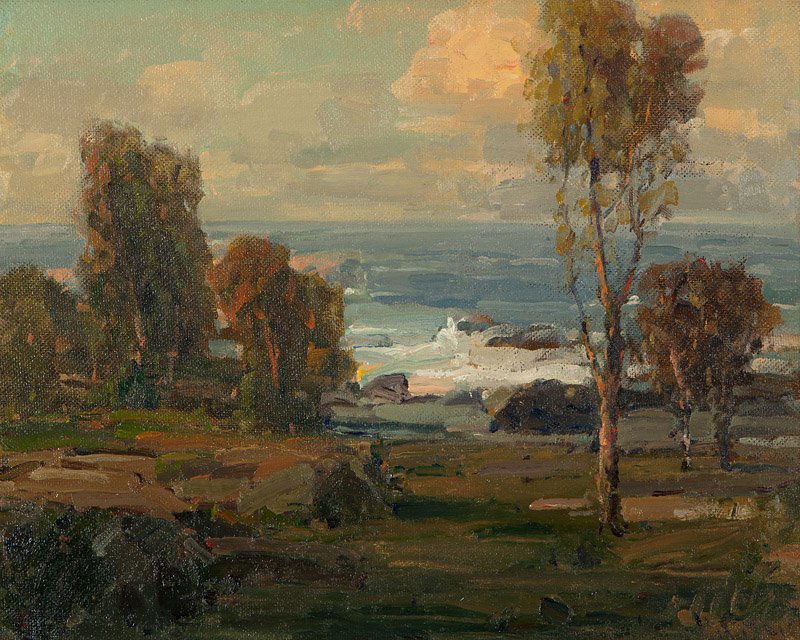 Hanson Duvall Puthuff (1875-1972 Corona Del Mar, CA): Coastal eucalyptus, likely Laguna, signed lower right: H. Puthuff, oil on masonite, 15.75'' H x 19.5'' W, est: $5000/7000 Provenance: Through descent in the artist's family, Private Collection, Denver